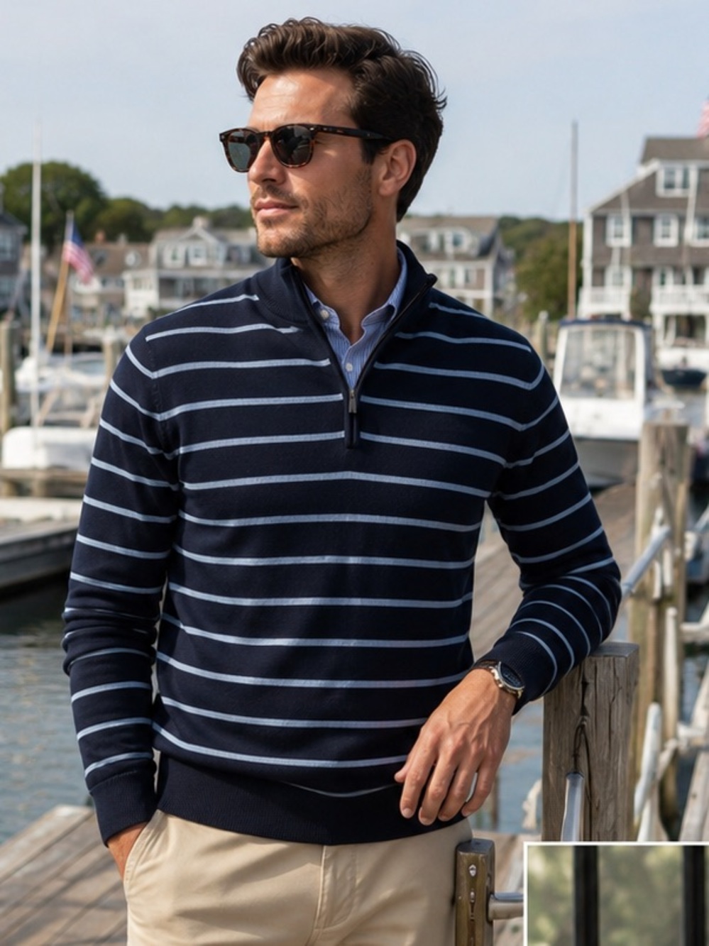 Brooks Brothers 1/4 Zip Men’s, Blue Striped 100% Merino Wool Sweater — Size-XXL